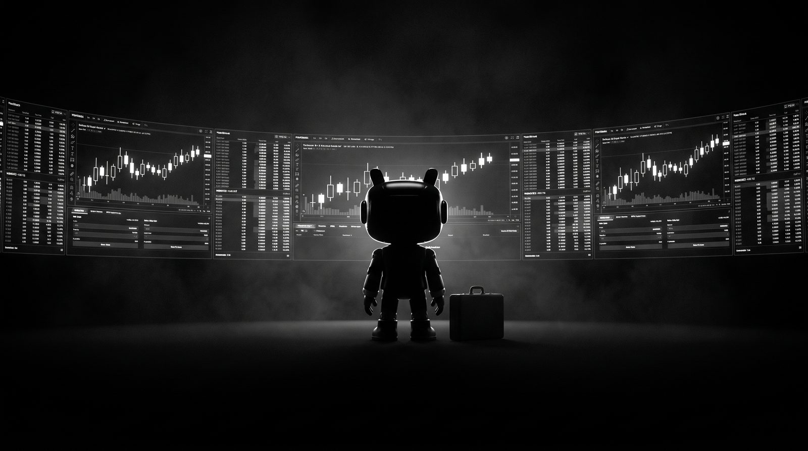 The Deputy mascot standing before a wall of trading terminals in a dark room